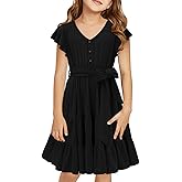storeofbaby Girls Short Sleeve Dress V Neck Button Ruffle Hem Dresses with Belt