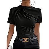 SweatyRocks Women's Ruched Mock Neck T Shirt Short Sleeve Fitted Summer Basic Tops