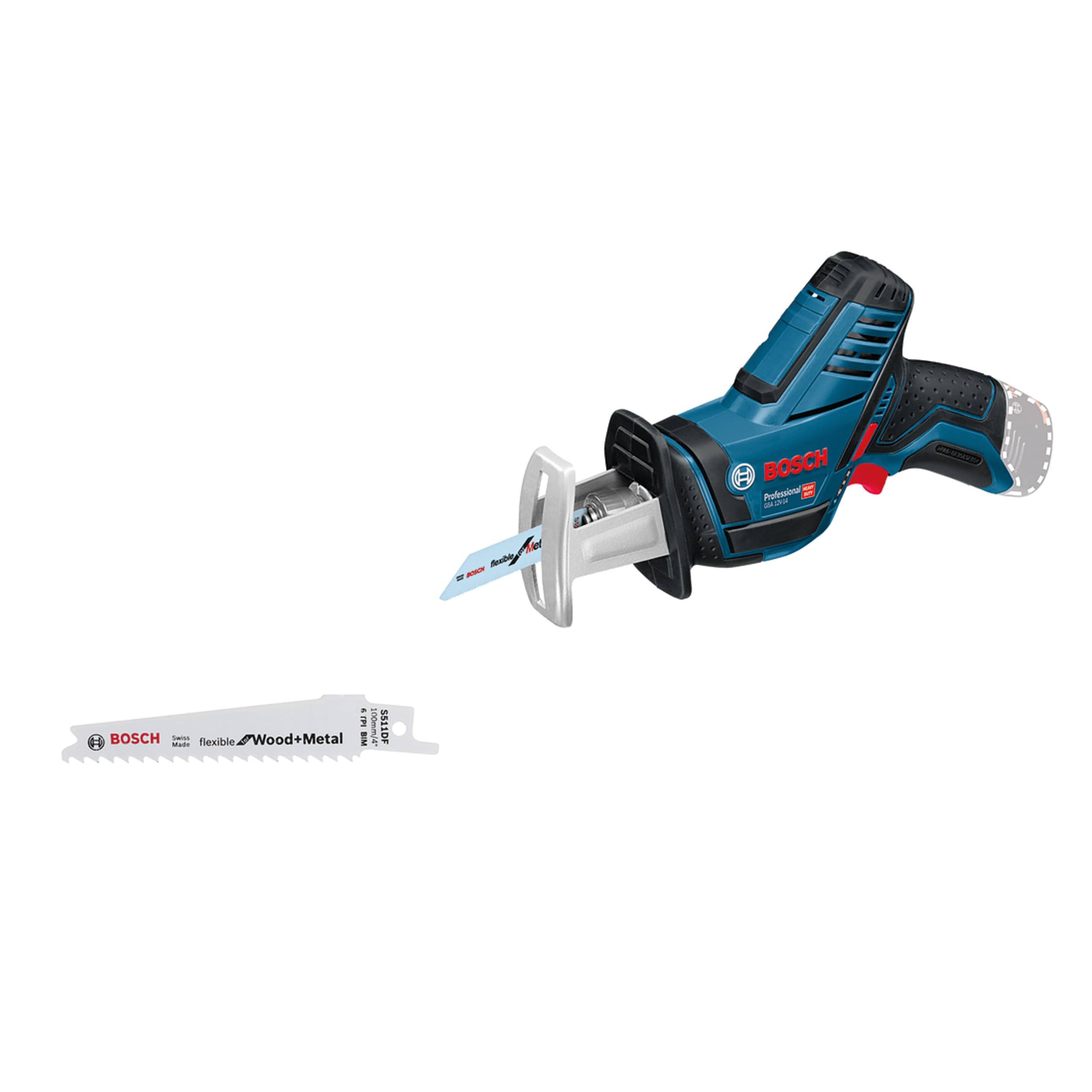 Bosch Professional 12V System Cordless Reciprocating Saw GSA 12V-14 (Cutting Depth in Wood/Metal Profiles: 65/50 mm, Including 2 Saw Blades, Without Battery/Charger)