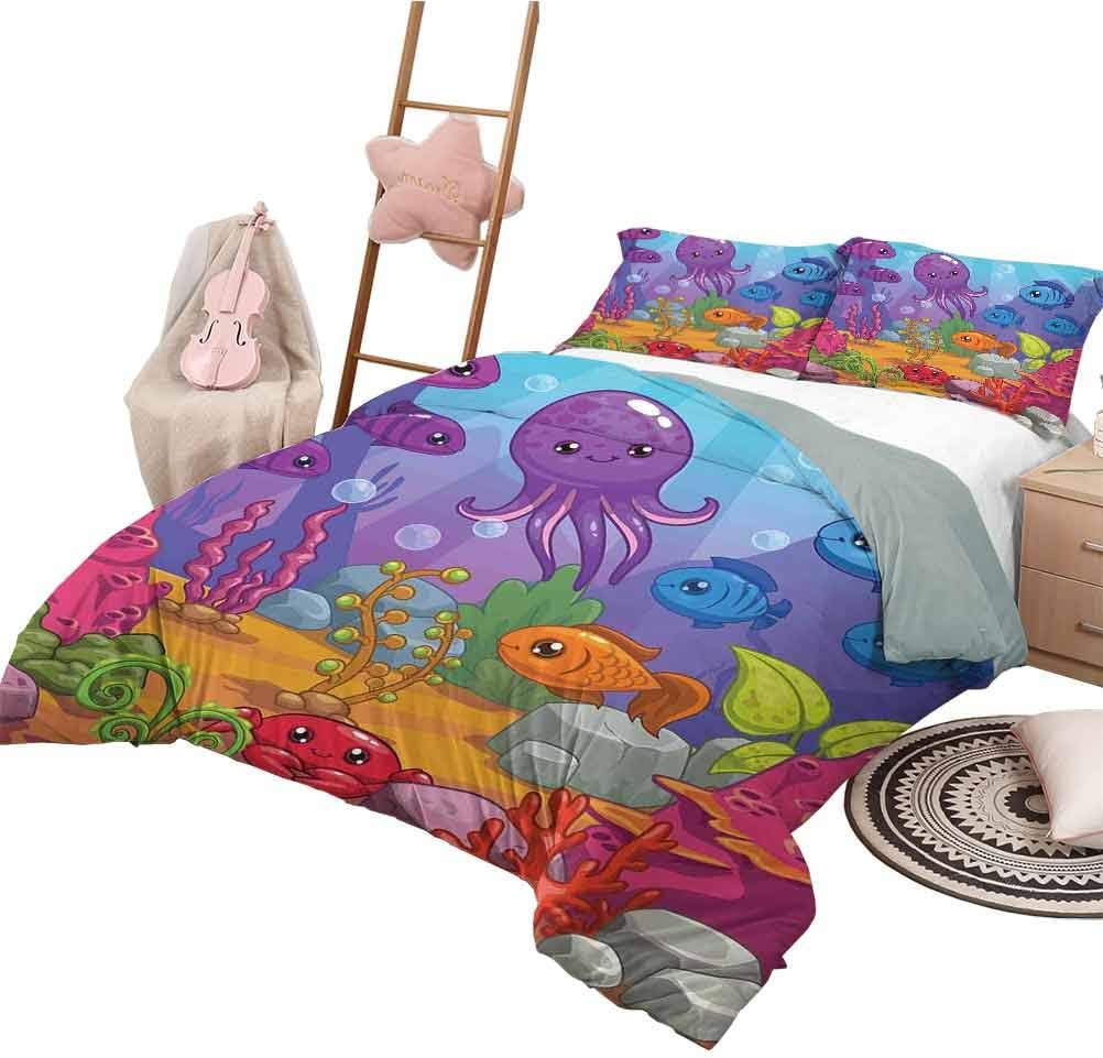 Whale Bedding Sets California King, Quilt 3 Piece Bedding Set Underwater World Aquarium Cartoon Octopus Reef Seaweed Stones Bubbles Illustration Printed Bedding Multicolor