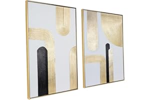 ZESSONIC Black Gold Abstract Wall Art - Hand-Painted Geometric Line Spiral Duo Abstract Shapes Canvas Artwork Decor, Set of 2, 24 x 36 Inches, Framed Wall Art