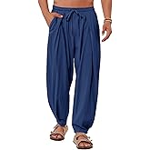 Gafeng Mens Linen Yoga Pants Elastic Waist Drawstring Summer Beach Loose Fit Casual Tapered Trousers