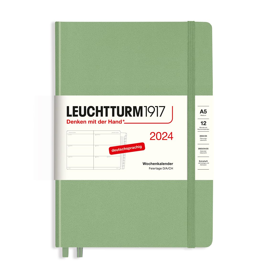 LEUCHTTURM1917 367617 Weekly Planner Medium (A5) 2024 with Extra Book for Addresses and Anniversaries, Sage, German, 12 Months