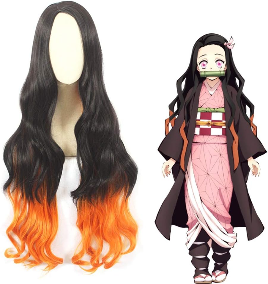 Sbarden Demon Slayer Anime Kamado Nezuko Cosplay Wig Natural Black Gradient Brown Yellow Long Curly Hair Wig Temperature Silk Teenage Girl Wig Anime Fans Gift