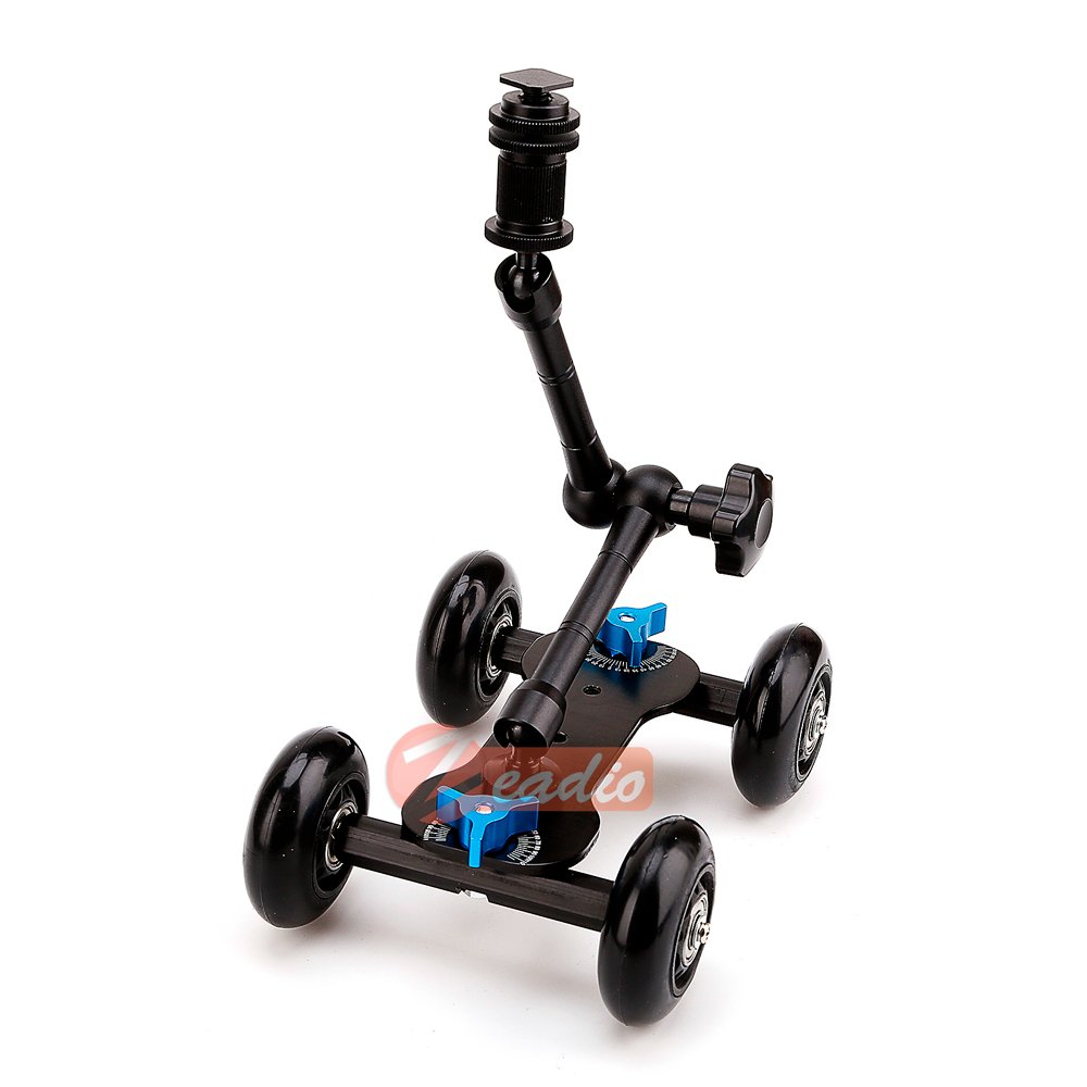 Zeadio Magic Arm Tabletop Portable Skater Dolly Rail Car Kits for all LCD Field Monitor, Canon Nikon all Video DSLR Camera Rig, Flash Light, Microphone (11 inches + Black)