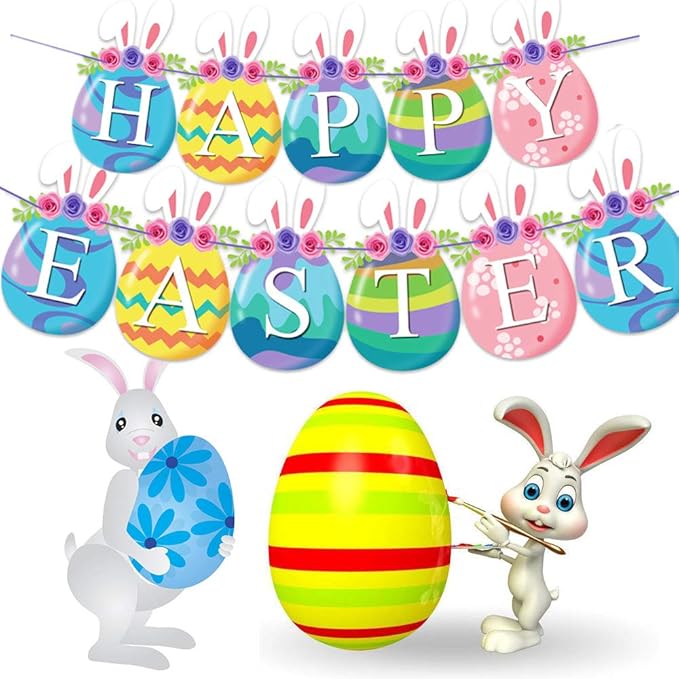 Acrice Happy Easter Banner with Bunny Egg and 16.4ft Ribbon for Easter