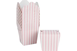 Bio Tek 3.6 x 3 x 3.3 Inch Food Containers, 50 Noodle Takeaway Boxes - Disposable, Striped, Pink And White Paper 16 Ounce Take Out Boxes, Rectangle, For Hot Or Cold Foods - Restaurantware