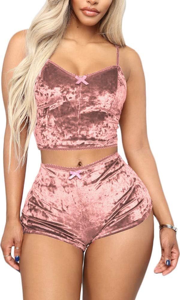 Womens Sexy Velvet 2 Pieces Romper Outfit - Spaghetti Strap Crop Top Camisole and Shorts Bottom Sleepwear Pajama Set