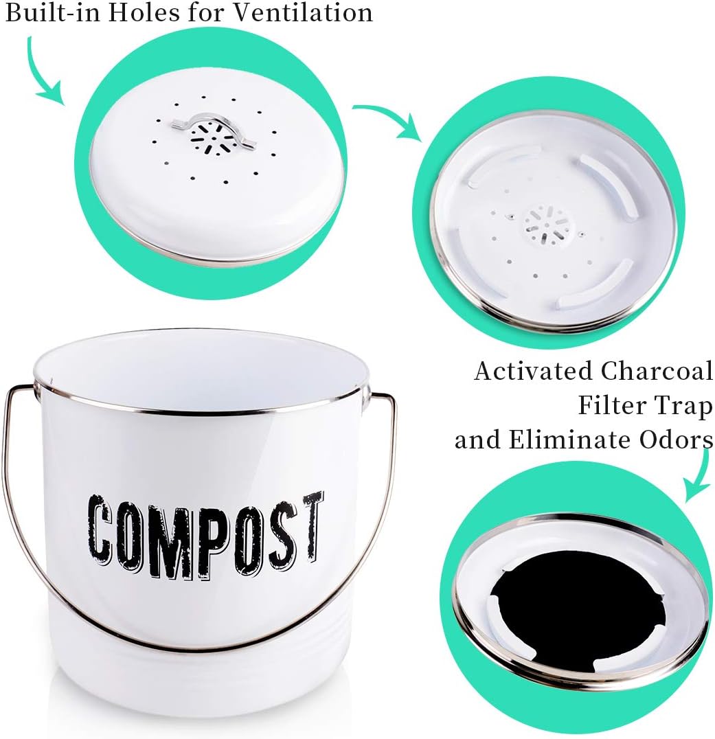 Kitchen Compost Bin with 7 Charcoal Filters and 50 Recycled Trash Bags, 1.3 Gallon Compost Bucket, Rustic Farmhouse Composting Container for Kitchen Counter: Kitchen & Dining