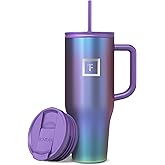 IRON °FLASK Co-Pilot Insulated Mug w/Straw & Flip Cap Lids - Cup Holder Bottle for Hot, Cold Drink - Leak-Proof - Water, Coffee Portable Travel Mug - Aurora, 40 Oz