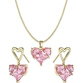 DOLLESS Pink Heart Necklace & Earrings Cubic Zirconia Heart Wedding Set for Women (A-Gold, Pink)