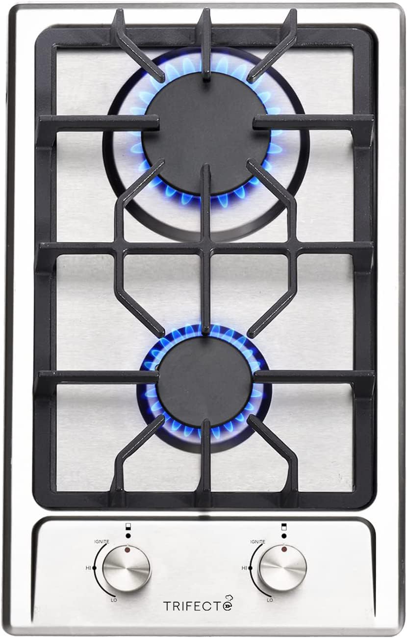 Trifecte 12 Inch Stainless Steel Gas Cooktop with 2 Italy Sabaf Sealed Burners, Portable Gas Stove Top for Apartment Outdoor RVs, NG/LPG Convertible Thermocouple Protection(Gas Regulator Not Included)