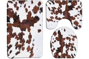 ZKJSMGS Cowhide Bath Mat Luxury Brwon Black White Milk Cow Skin Print Farmhouse Animal Cowhide Retro Rustic Western Farm Vintage 3 Piece Bath Rug Sets,16"x24"Bath Mat,Toilet Seat Cover, U-Shaped Toilet
