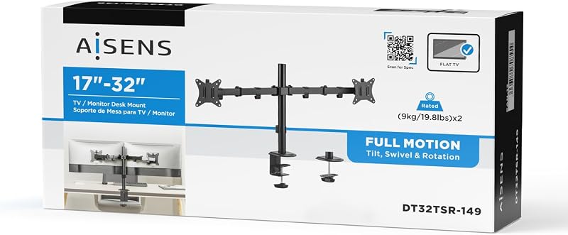 - DT32TSR-149 - Soporte de Mesa Eco Giratorio E Inclinable para Monitor/TV 9Kg (3 Pivotes, 2 Brazos) de 17-32, Negro