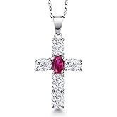 Gem Stone King 925 Sterling Silver White Moissanite and Red Created Ruby Cross Pendant Necklace for Women | 3.00 Cttw | Gemstone Birthstone | Oval 6X4MM | With 18 Inch Chain