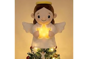 Eyourlife Cute Christmas Tree Topper Angel, 9'' Cartoon Plush Angel Holding Star Christmas Tree Toppers Decorations for Living Room Bedroom Dining Room Hospital Office Church Christmas Tree Decor