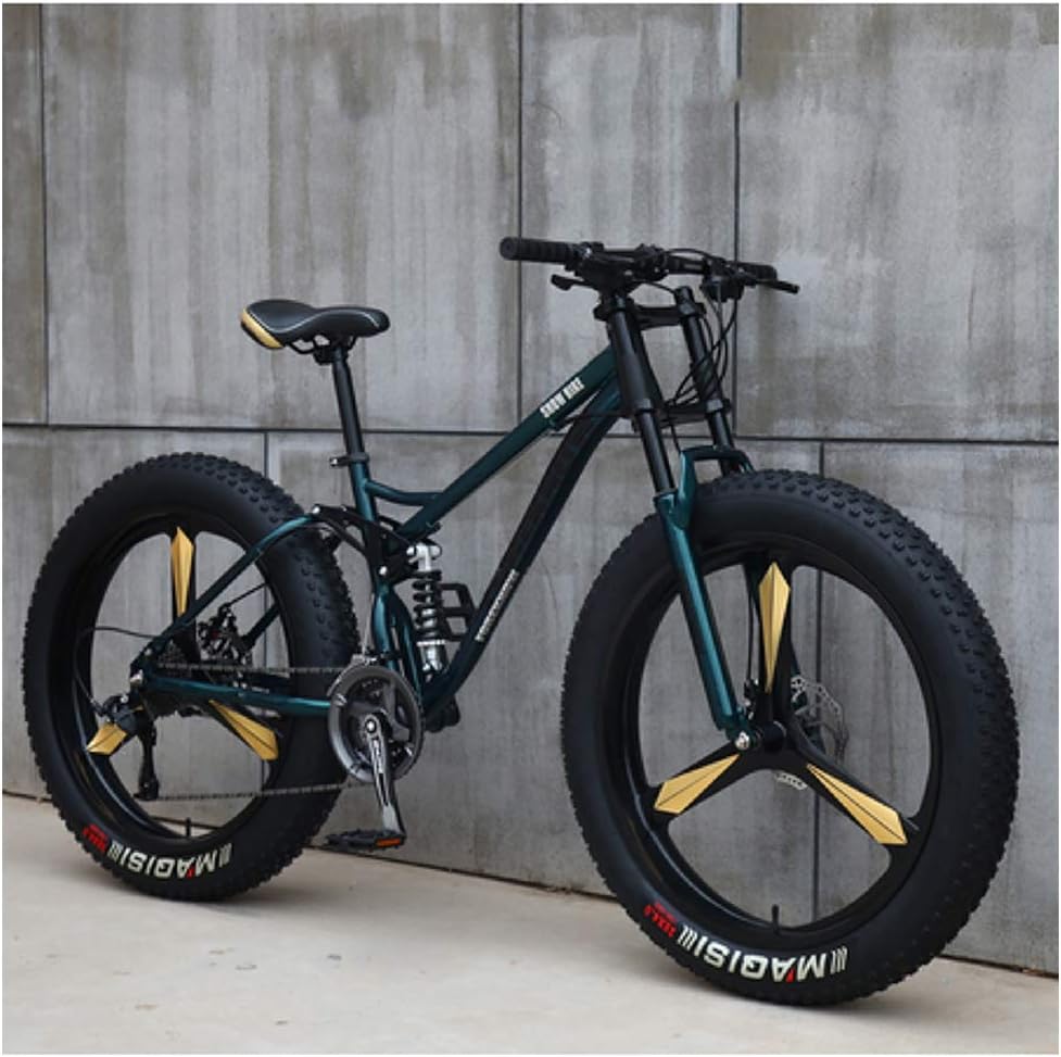NENGGE Mountain Bikes, 26 Inch Fat Tire Hardtail Mountain Bike, Dual Suspension Frame and Suspension Fork All Terrain Mountain Bike,24 Speed,Green 3 Spoke
