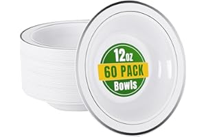 bUCLA 60 Pack Plastic Bowls with Silver Rim - 12 oz Plastic Soup Bowls Disposable for Party, Wedding, Christmas & Gathering