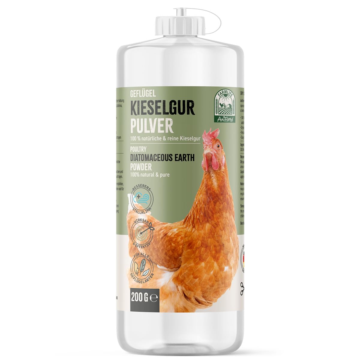 AniForte Diatomaceous Earth Powder for chickens & poultry 200 g - pure diatomaceous earth for skin, feathers & environment, effectively absorbs moisture, natural product without chemicals