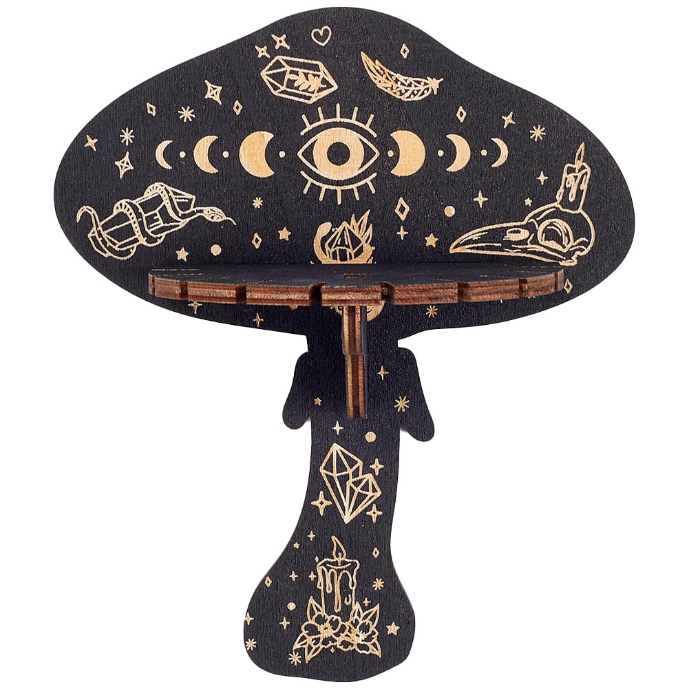 CREATCABIN Mushroom Crystal Shelf Display Wooden Wall Crystal Shelf Evil Eye Floating Shelves Dowsing Pendulum Holder Stand Rustic Witchy Stuff Storage for Hanging Rock Spiritual Gift 6.92x5.91Inch