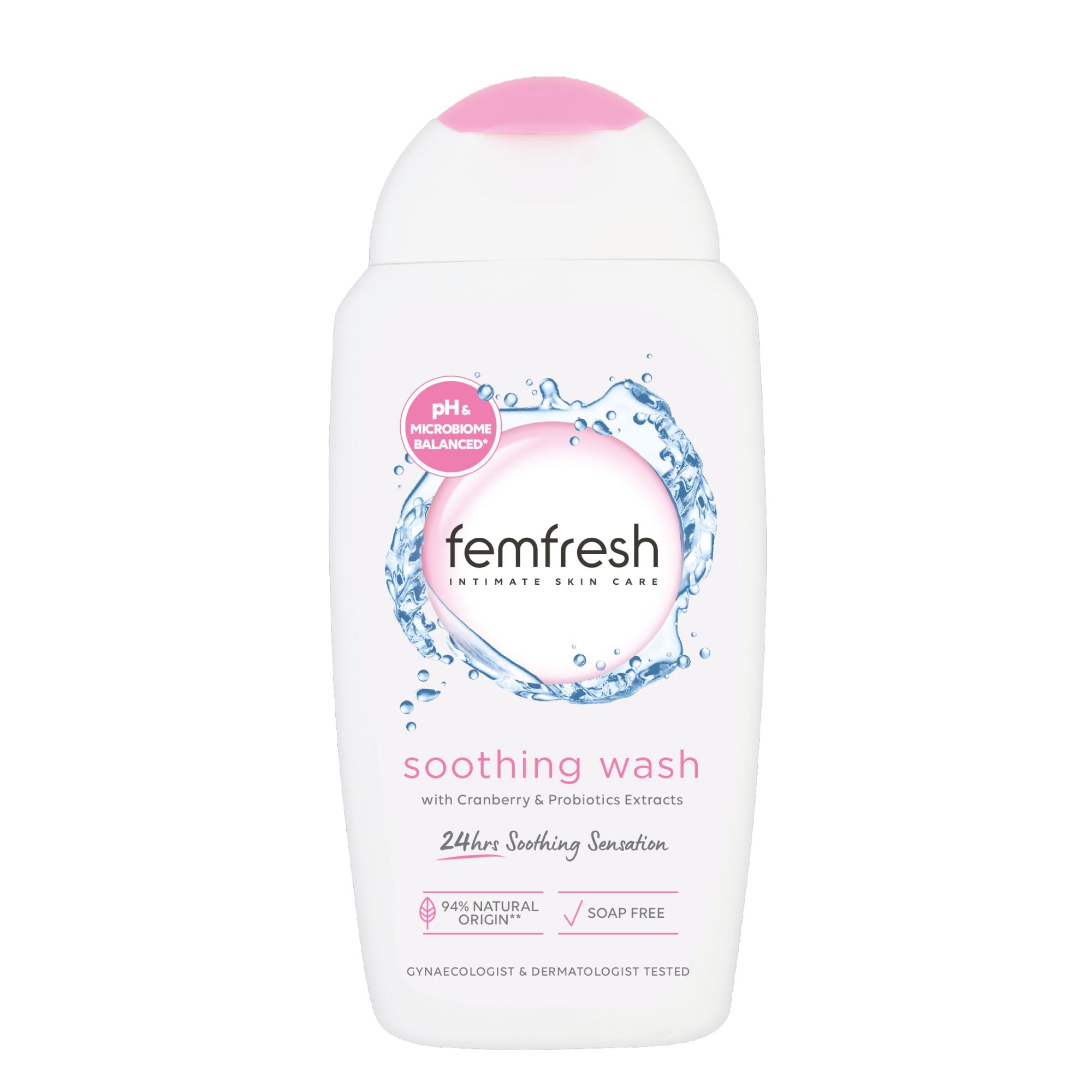 Femfresh Soothing Intimate Wash, Feminine Hygiene Shower Gel Cleanser, pH Balanced, Soap Free Feminine Wash with Cranberry, Cornflower & Probiotic Extracts, 250ml
