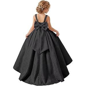 DRDQBP Jacquard Satin Bow Flower Girl Dress Floral A Line Forma Gown | Round Neck, Sleeveless, Floor Length, Floral, Ball Gow