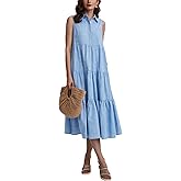 Womens Summer Button Down Maxi Shirt Dress Sleeveless Collared V Neck Tiered Flowy Midi Dress