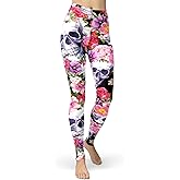 sissycos Women's Sugar Skull Leggings Buttery Soft Rose Flower Printed Halloween Stretchy Pants 28