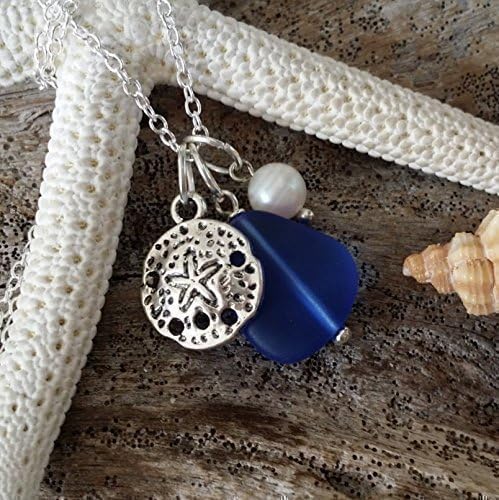 yinahawaiiSeptember Birthstone, Cobalt blue sea glass necklace,sand dollar charm, Natural pearl, (Hawaii Gift Wrapped, Customizable Gift Message)