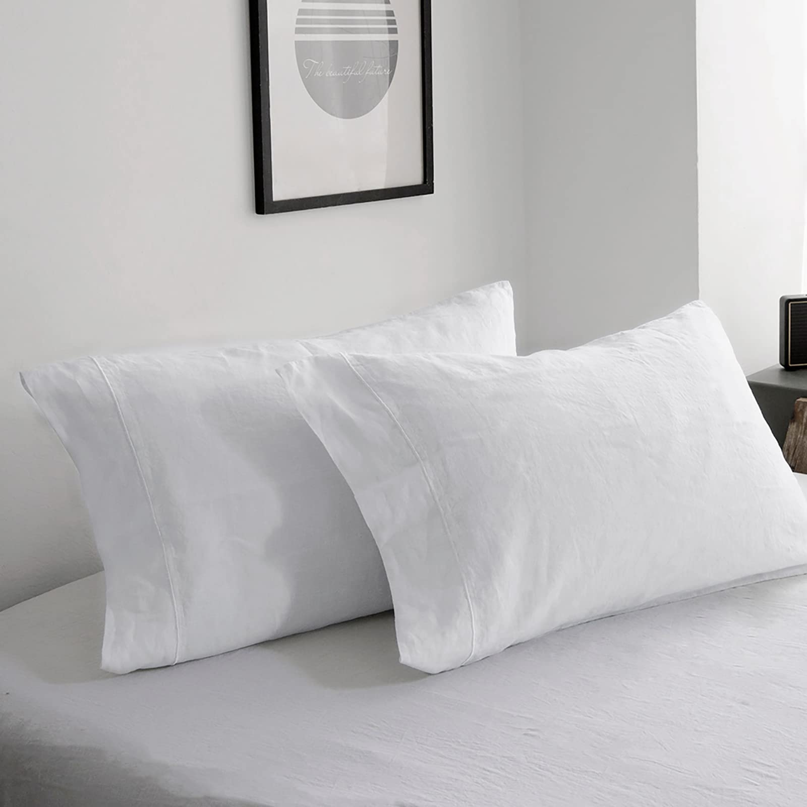 Simple&Opulence 100% Linen Pillow Cases 2 Pack, Luxury Hypoallergenic Breathable Pillow Cover with Envelope Closure, Standard Size Pillowcases with Embroidery, 50 x 75 cm,Pure White — image 1