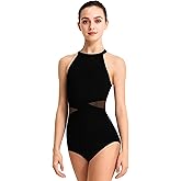Hanebel Women Halter Neck Dance Leotard Mesh Ballet Leotards for Adult, Asymmetric Splicing Waist, Built-in Padding
