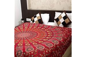 Bless International Handmade Indian hippie Bohemian Psychedelic Peacock Mandala Wall hanging College Dorm Beach Throws Table Cloth Bedding Tapestry (Golden Red, King(88x104Inches)(225x265Cms))