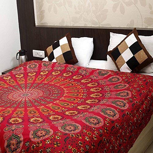 Bless International Indian hippie Bohemian Psychedelic Peacock Mandala Wall hanging Bedding Tapestry (Golden Red, 264.16L X 223.52W cm)