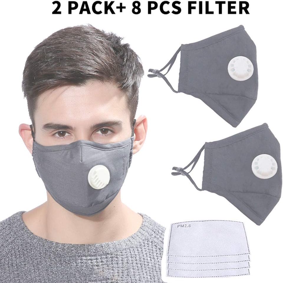 Bangni Reusable Face Mássk with Filters Breather Valve for Adults w/4Replacement Filters,Dustproof 口罩 Windproof PM2.5 Cotton Masque Mouth Protection for Germs Virüs Coronávirùs Flü (gray 2PC)