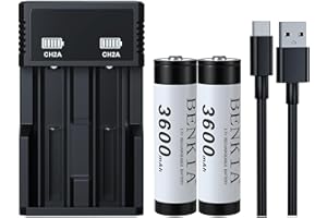 PAOWANG 18650 Rechargeable Battery 3.7V Button Top 3600mAh High Capacity for Flashlights Headlamps (2 Pack,18650 Battery+Charger)