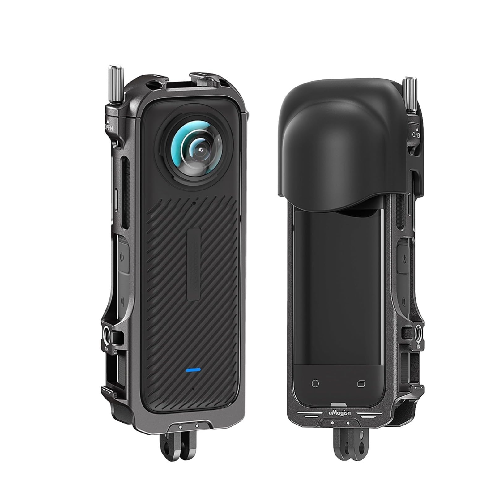 X4 Action Camera Cage, Aluminum Alloy Magnetic Housing with Silicone Lens Cover, 1/4 Inch Thread, Dual Cold Shoe Mounts, for X4 Action Cameras