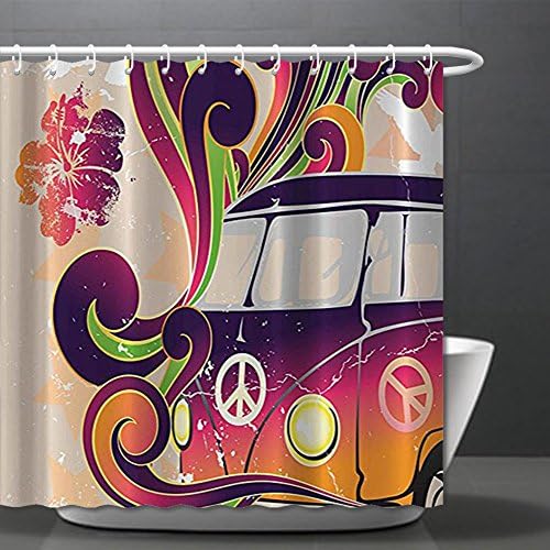 Shower Curtains Boho Decor Peace Van Funny Minivan Caravan Hippie Hippy Bohemian Cute Minivan Peace Sign Symbol Emblem Paisley Extra Explorer Decor Beige Purple Orange Yellow Black 70.8x84in