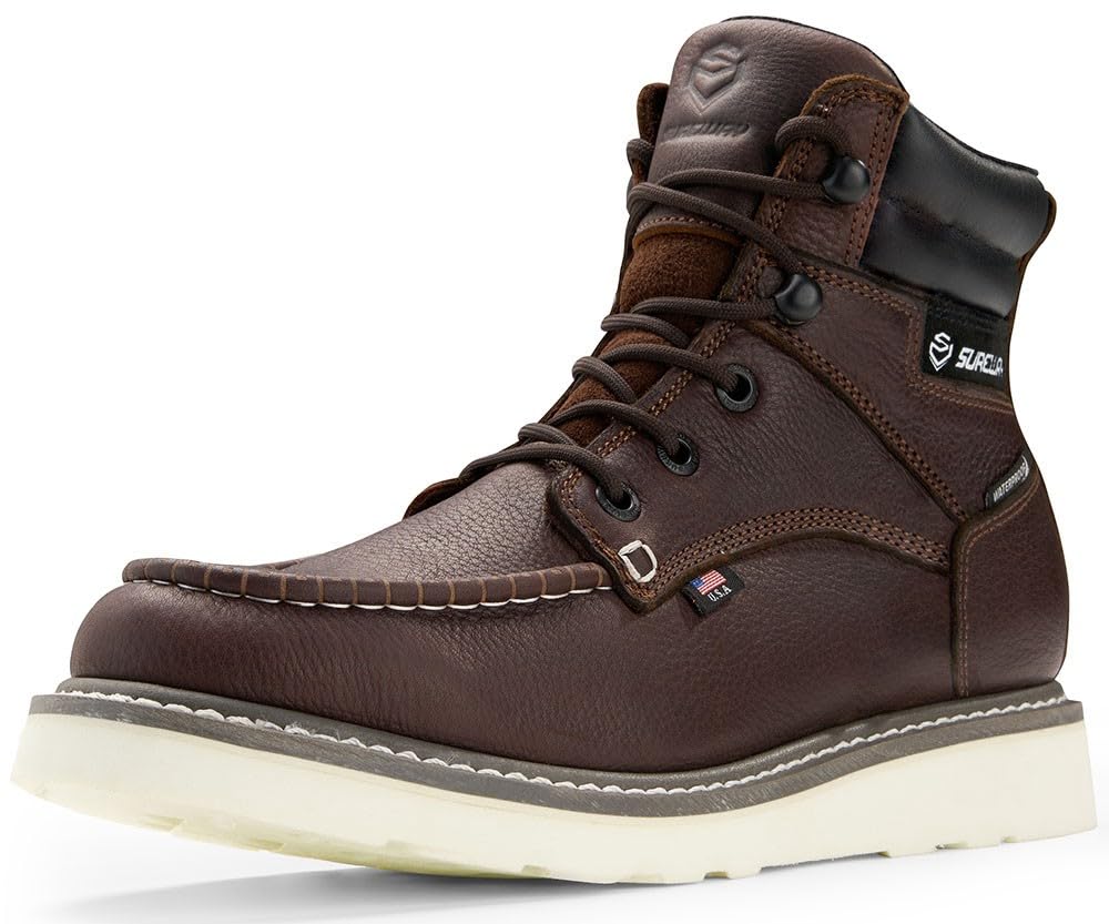 Photo 1 of SUREWAY Men 6 Inch Waterproof Soft Toe Work Boots - Moc Toe,Construction Industrial Safety Leather Work Shoes,Oil/Slip Resistant Comfortable Wedge Outsole,EH Rated, Welt,Lace Up,Heavy Duty