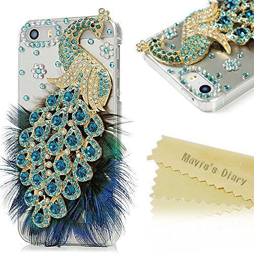 Iphone SE Case,Iphone 5S/5 Case - Mavis's Diary 3D Handmade Bling Crystal Luxury Peacock with Green Blue Feather and Shiny Glitter Sparkly Diamonds Clear Hard Cover for Iphone SE 5S 5 (One Case)