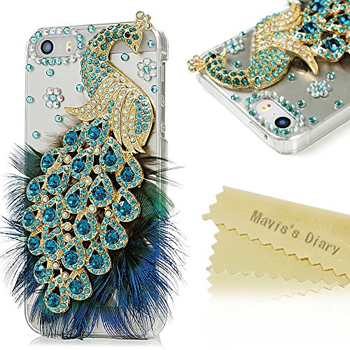 Iphone SE Case,Iphone 5S/5 Case - Mavis's Diary 3D Handmade Bling Crystal Luxury Peacock with Green Blue Feather and Shiny Glitter Sparkly Diamonds Clear Hard Cover for Iphone SE 5S 5 (One Case)