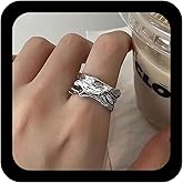 Iaceble Boho Vintage Textured Open Adjustable Ring Silver Wide Open Ring Chunky Wide Hammered Rings Irregular Textured Finger Rings Jewelry for Women