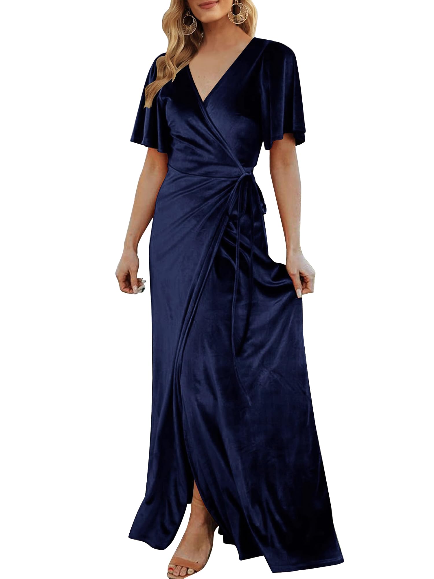 Photo 1 of CYiNu Women's Wrap Velvet Maxi Dress V Neck Bell Sleeve Split Elegant Cocktail Party Dress(Navy Blue,L)