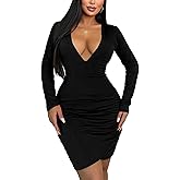 Women's Long Sleeve Bodycon Dress - Sexy Mini Club Dress, Slim Fit Knit Cocktail Party Dress V Neck