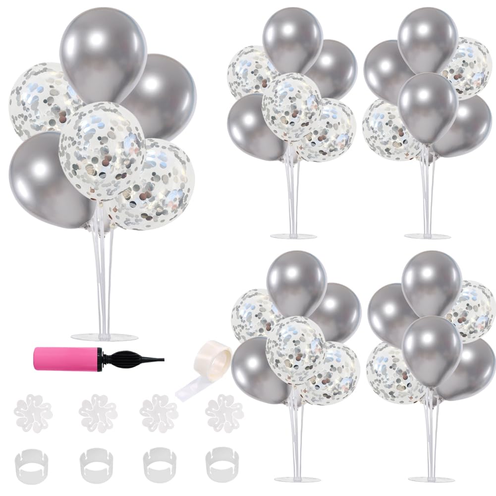 BEISHIDA 2 Set Table Centerpiece Balloons Stand Kit Tree Include 16Pcs Silver Latex Confetti for Wedding,Graduation, Anniversary Birthday Metallic Chrome Party Decorations(for Ages 18 and Up Only)