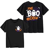 Kids Halloween Fall Graphic Tees Cotton Short Sleeve Shirts 3-13 Years | Crew Neck Front Back Print Tops with Ghosts, Pumpkins, Bats, Spider Webs, Witch Hats and Harvest Party Designs