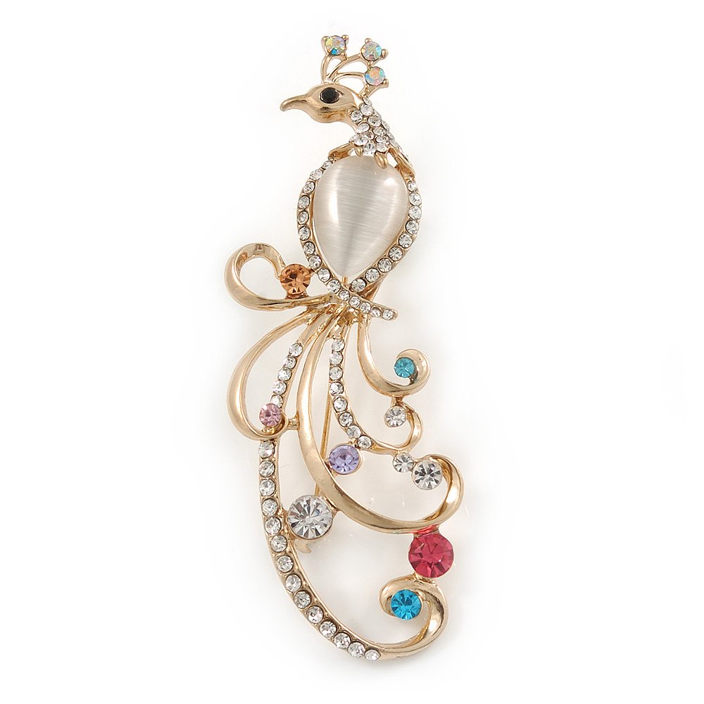 Gold Tone Multicoloured Crystal Peacock Brooch - 80mm L