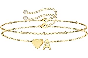 M MOOHAM Christmas Gifts for Grandkids Teens Girls -14K-Gold-Plated Heart Initial Bracelets for Women Girl Dainty Gold Bracelets Birthday Gift Stocking Stuffers for Women Teenage Girls Kids Gifts
