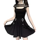 TSMNZMU Women Gothic Mesh Mini Dress Black Harajuku Grunge Halter Dresses Sleeveless Aesthetic Alt Dress Y2K Emo Dress