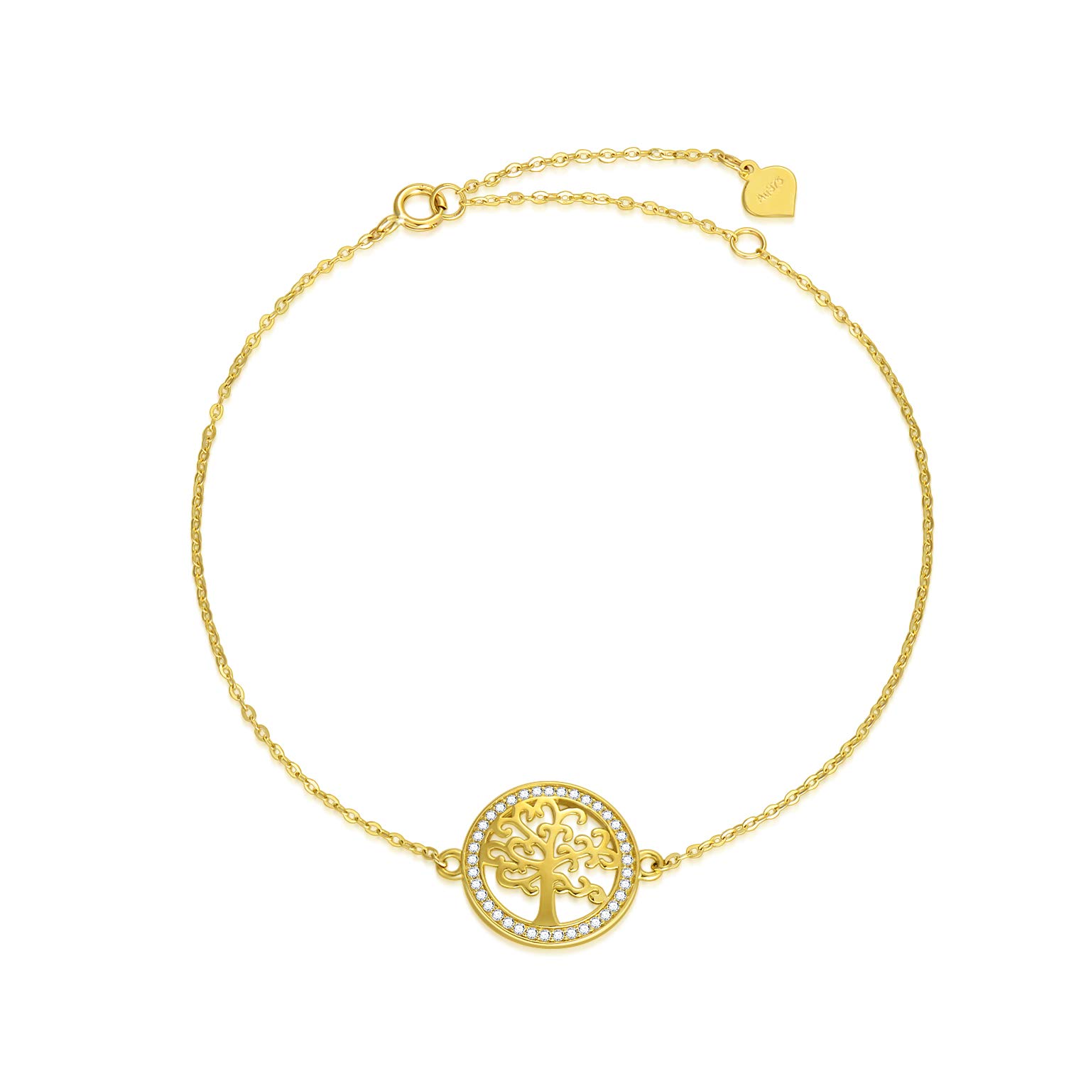 SISGEM 9ct Gold Tree of Life Bracelet, Solid Gold Family Tree Charm Link Bracelet with Cubic Zirconia, for Her Girlfriend Mum, 6.5+1+1inch
