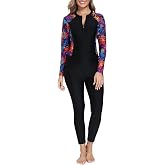ALLTOKE Women Zip Front Full Body Rash Guard with Built in Bra Swimsuits | UPF50+, SPF Sun Protection, 1 Piece Bathing Suits with Bra, Long Sleeve Long Pants, Quick Dry, Surfing, Diving, Snorkeling